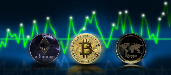 Digital currency coin. Golden bitcoin isolated on white background., bitcoin ripple ethereum.