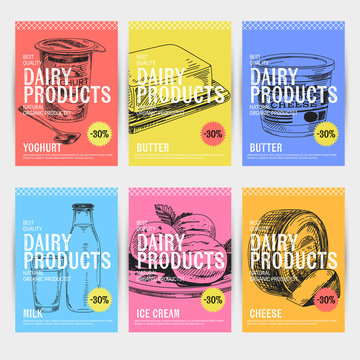 Beautiful vector hand drawn dairy products card set.