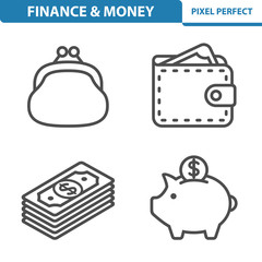 Finance And Money Icons. Professional, pixel perfect icons depicting various finance, money and currency concepts. EPS 8 format.