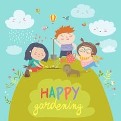 Happy children gardening