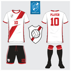 Naklejka premium Soccer jersey, football kit, t-shirt sport, short, sock template design for sport club. Football t-shirt mock up. Front and back view soccer uniform. Flat football logo design. Vector Illustration.