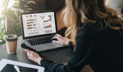 Rear view. Young businesswoman is working on laptop with graphs, charts, diagrams, schedules on screen. Online marketing