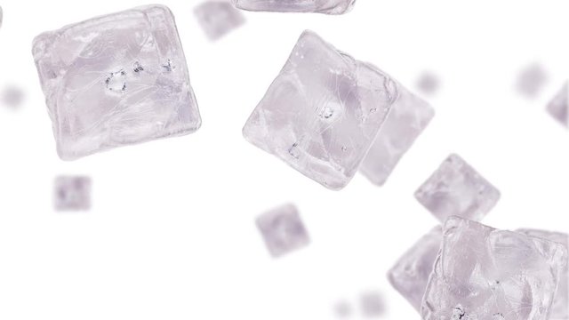 Ice Cubes falling down on white background (45 degrees, not loopable)