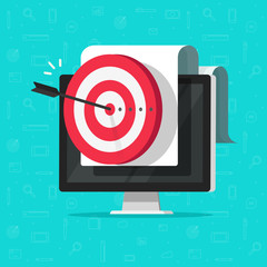 Target on computer display vector, concept of success business aim or goal, digital marketing promotion, good online campaign or strategy, internet audience targeting, mission or plan achievement
