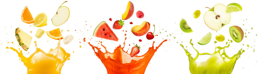 mixed fruit falling into juices splashing on white background - obrazy, fototapety, plakaty