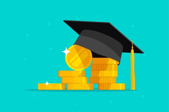 Education and money vector illustration, flat cartoon graduation hat and coins cash, concept of scholarship cost or loan, tuition or study fee, value of student knowledge, learning success