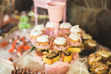 Different kinds of baked sweets on a buffet