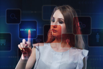 The concept of business, technology, the Internet and the network. A young entrepreneur working on a virtual screen of the future and sees the inscription: Decryption
