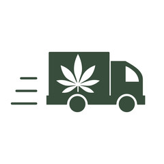 Delivery cannabis. Illustration of a delivery truck icon with a marijuana leaf. Vector illustration on white background.