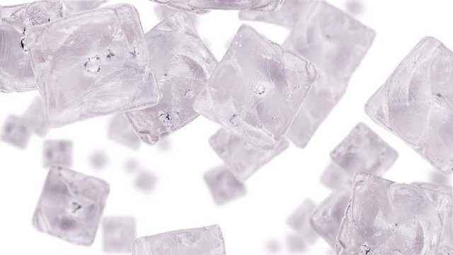 Ice Cubes falling down on white background (45 degrees, seamless loopable)