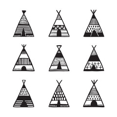 Scandinavian style hand drawn wigwams set. Vector vintage illustration.