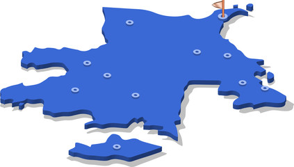 3d isometric view map of Azerbaijan with blue surface and cities. Isolated, white background