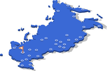 3d isometric view map of Russia with blue surface and cities. Isolated, white background