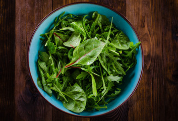 Fresh green salad with spinach,arugula, mangold and lettuce on dark wooden background