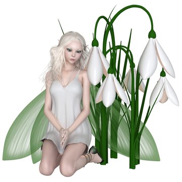 Snowdrop Fairy Kneeling by Winter Flowers - fantasy illustration