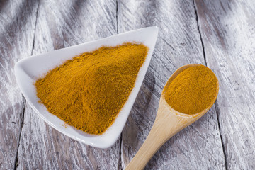 turmeric powder in bowl on wooden table, curcuma longa