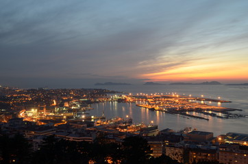 Fototapeta na wymiar Vigo city at sunset seen from above