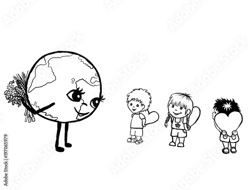 "Kids give love to planet Earth, coloring page" Stock photo and royalty