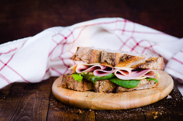 Cheese and ham sandwich of fresh organic bread