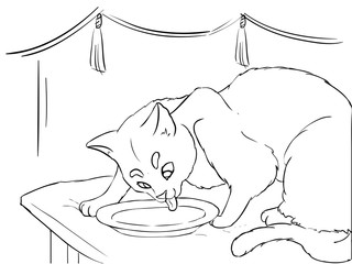 Cat is eating - coloring page - vector line art