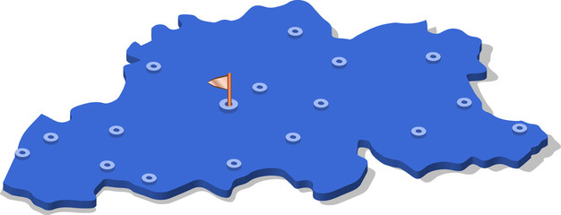 3d isometric view map of Belgium with blue surface and cities. Isolated, white background