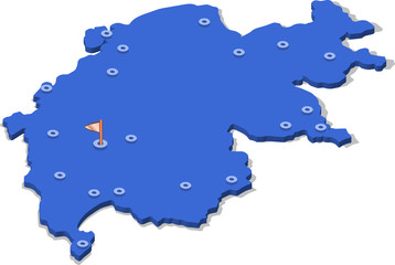 3d isometric view map of Switzerland with blue surface and cities. Isolated, white background