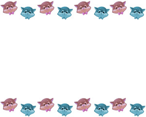 Frame with cartoon stickers blue and violet  cute cat's heads