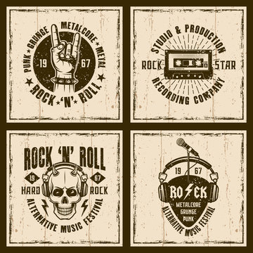 Rock and roll music four vintage style emblems