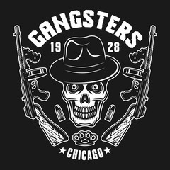 Gangster skull with two machine guns on black