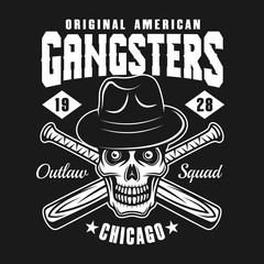 Gangster skull in hat with baseball bats on black