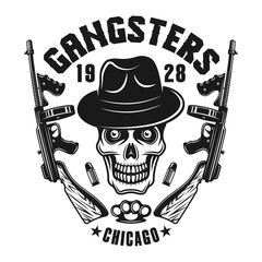 Mafia emblem gangster skull in hat with two guns