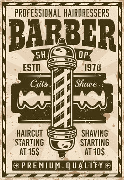 Barber Shop Vintage Poster With Pole And Blade