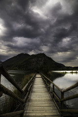 a wood bridge on a lake