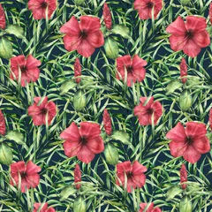 Gordijnen Tropische Bladeren Watercolor tropical bright pattern with hibiskus. Hand painted flowers with palm leaves isolated on dark blue background. Botanical ornament for design, print, fabric.  © yuliya_derbisheva