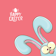 easter bunny with calligraphic text happy easter isolated on pink background. vector easter greeting card with blue rabbits ears