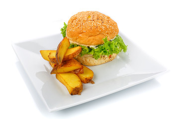 Hamburger and potatoes on a plate. Isolated