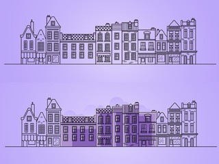 European houses. Different sizes and constructions. Old houses of Europe Flat vector in lines