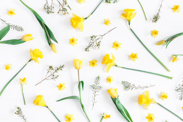 Flowers composition. Spring narcissus and tulip flowers on white background. Flat lay, top view - obrazy, fototapety, plakaty