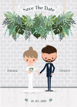 Green Wedding Cartoon Bride And Groom Invitation Card