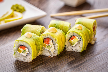 Sushi, japanese and food concept - japanese food. sushi with avocado
