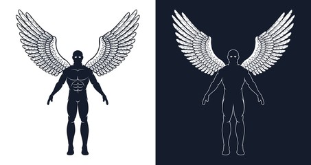 Muscular man with wings is like a superhero or a dark angel. Silhouette of an athletic man.