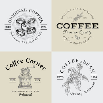Set of Vector Vintage Coffee Logo and Illustration Drawing Engraving Icon 02