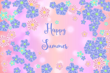 Flying random, chaotic flowers on pink bokeh, defocused background with Happy Summer text.