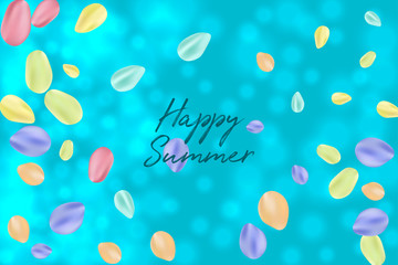 Flying random, chaotic colorful petals on blue bokeh, defocused background with Happy Summer text.