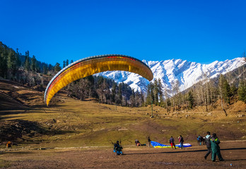 Paragliding in Solang Valley near Manali in Himachal Pradesh ,India