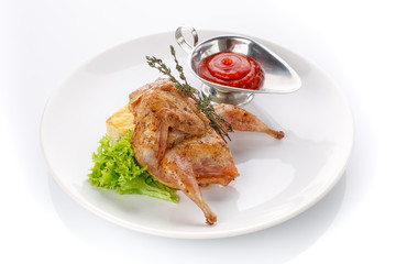 Delicious lunch. Full Chicken Grill with greens and sauce