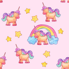 Cute kids unicorn with stars and rainbow on pink background. Seamless pattern. Watercolor illustration