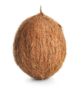 Ripe whole coconut on white background