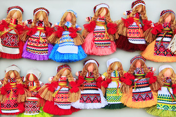 Rag dolls in market. Ukrainian national souvenirs