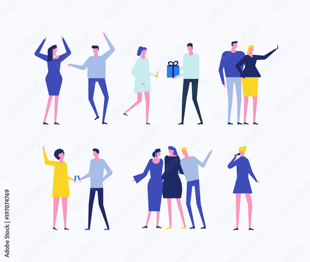 Sticker Party - flat design style set of isolated characters